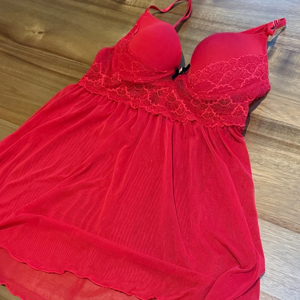 Daisy Fuentes Red Lace Chemise babydoll lingerie dress sz Large - Picture 1 of 5